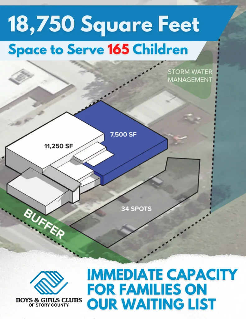 Illustration on top of a satellite image of the current BGCStory Ames Club showing the current building and the expanded addon.